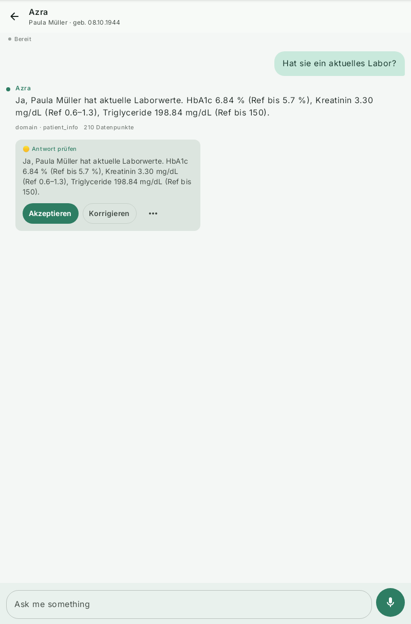 Azra chat: a grounded answer to a clinical question, with the source-grounding line and an inline review card for physician approval