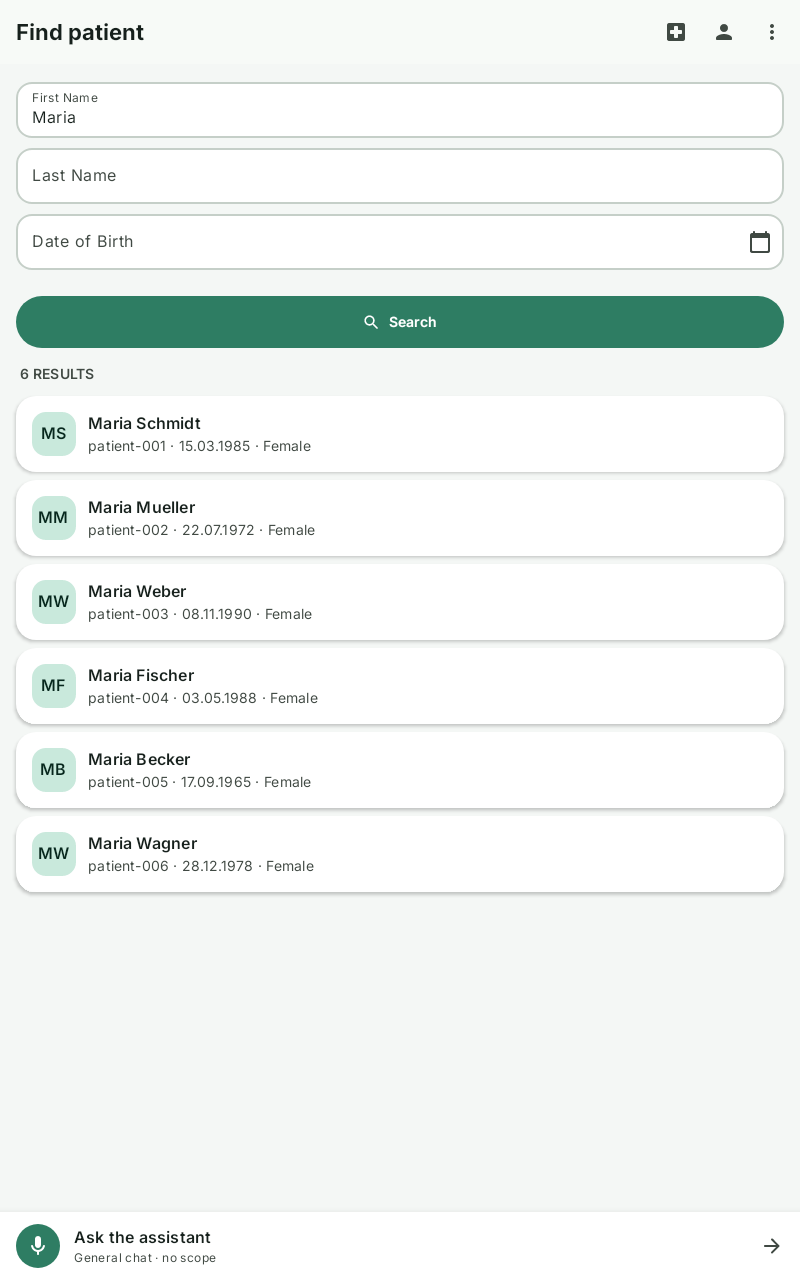 Azra patient search screen showing search results
